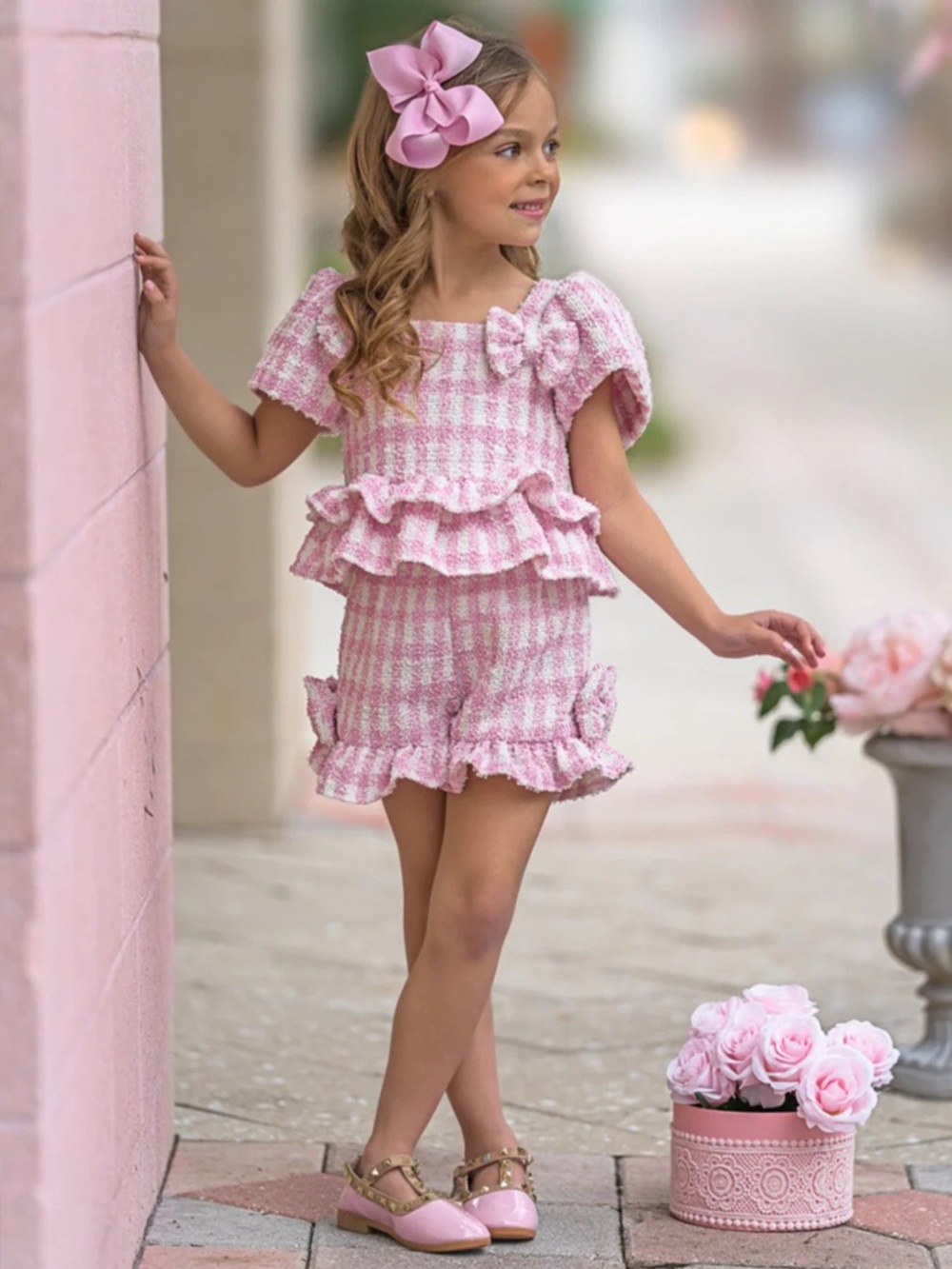 Kids Pink Gingham Ruffle Matching Set - Picture 4 of 11